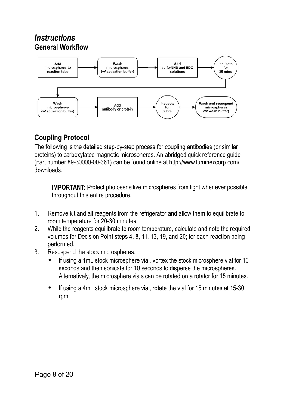 Instructions, General workflow coupling protocol | Luminex xMAP Antibody Coupling Kit User Manual | Page 12 / 24