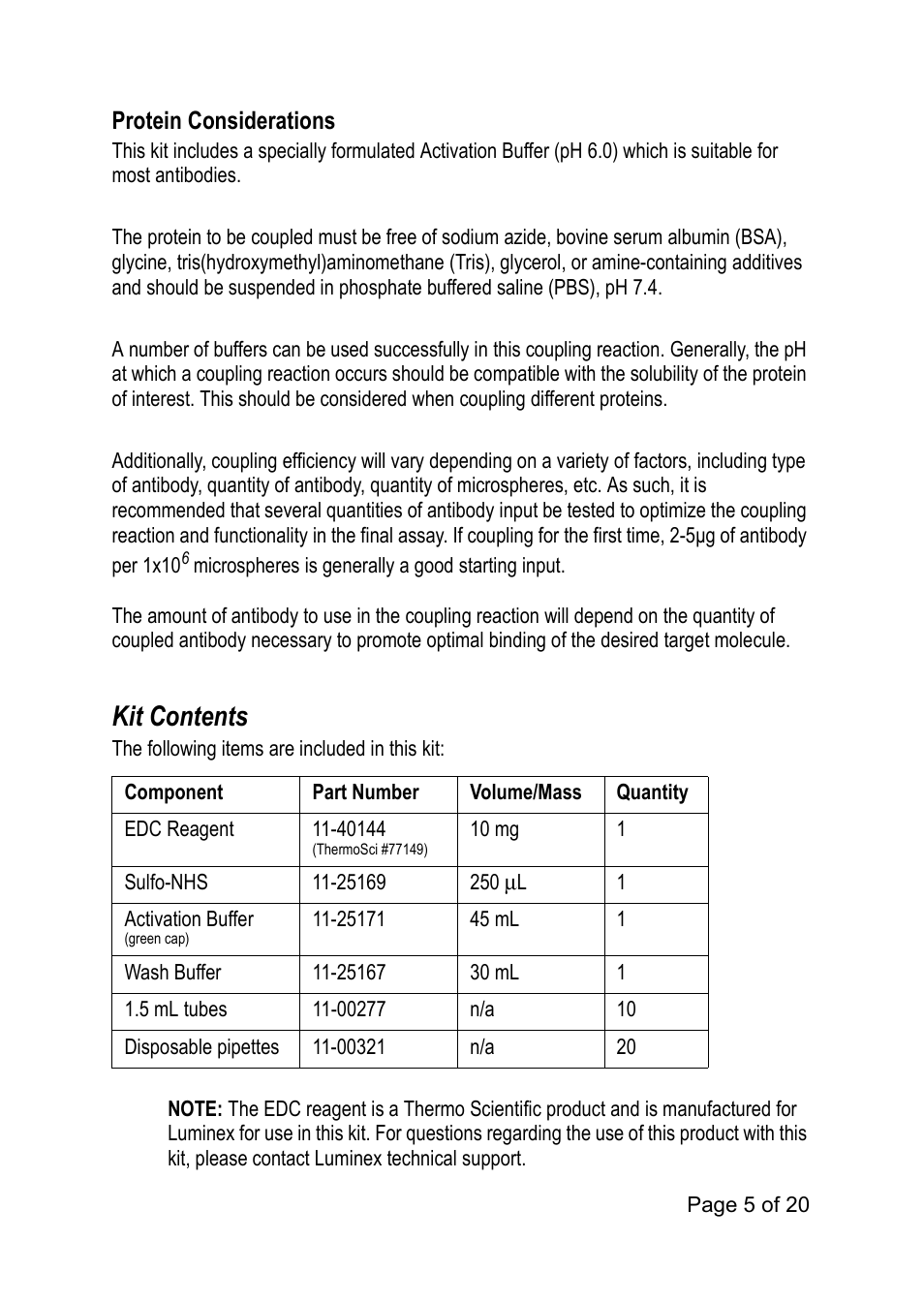 Protein considerations, Kit contents | Luminex xMAP Antibody Coupling Kit User Manual | Page 9 / 24