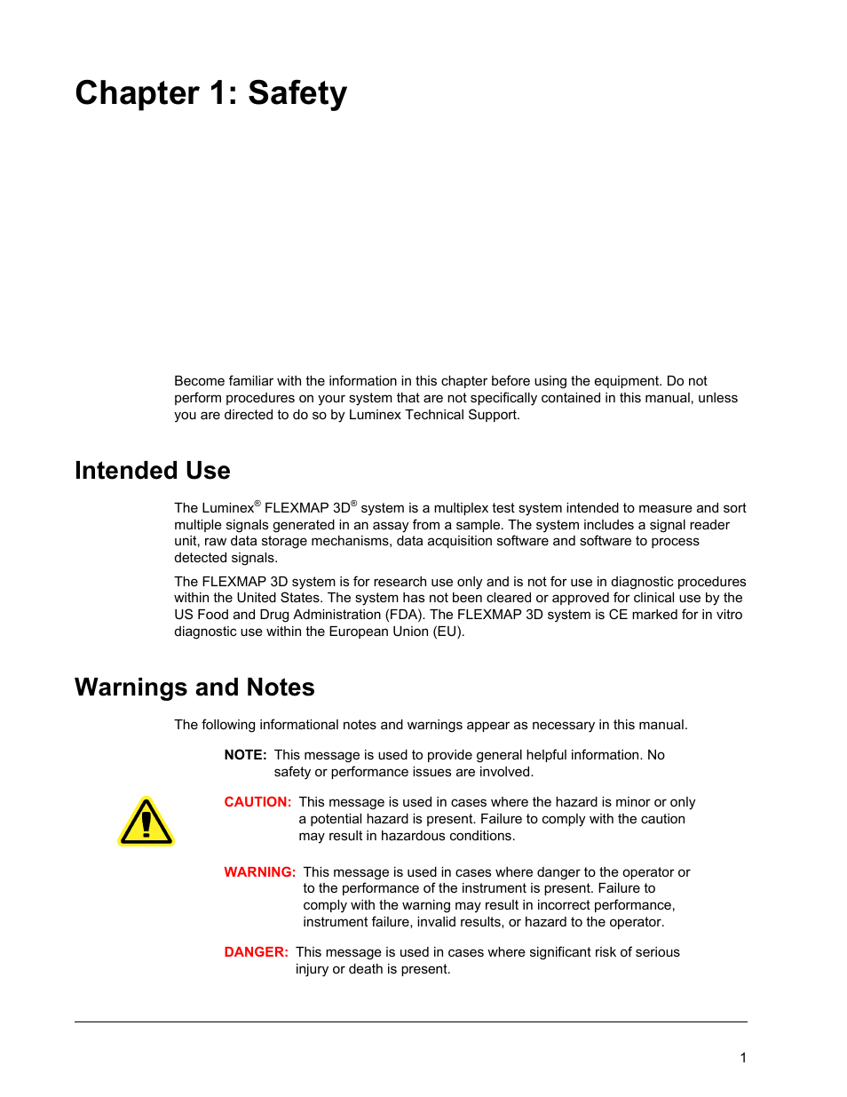 Safety, Intended use, Warnings and notes | Chapter 1 safety, Intended use warnings and notes, Chapter 1: safety | Luminex FLEXMAP 3D Hardware User Manual User Manual | Page 12 / 72