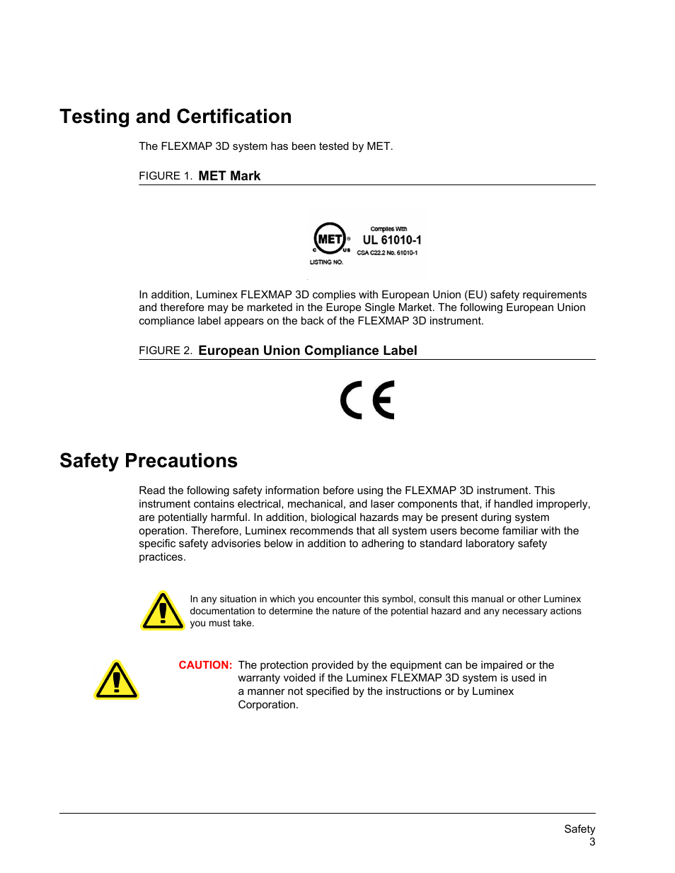 Testing and certification, Safety precautions, Testing and certification safety precautions | Luminex FLEXMAP 3D Hardware User Manual User Manual | Page 14 / 72