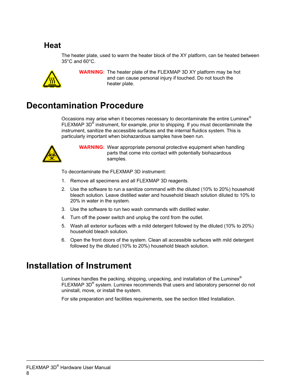 Heat, Decontamination procedure, Installation of instrument | Luminex FLEXMAP 3D Hardware User Manual User Manual | Page 19 / 72