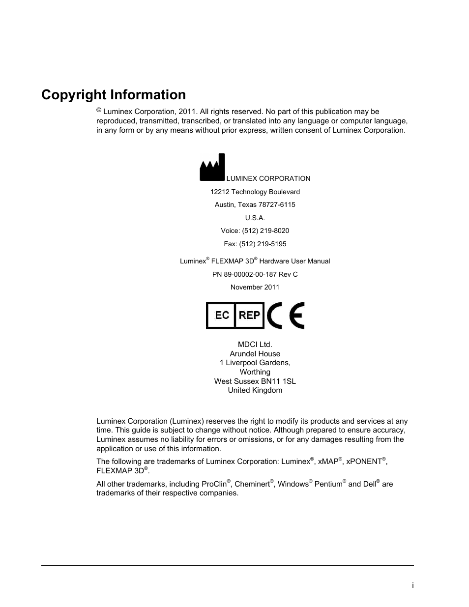 Copyright information | Luminex FLEXMAP 3D Hardware User Manual User Manual | Page 2 / 72