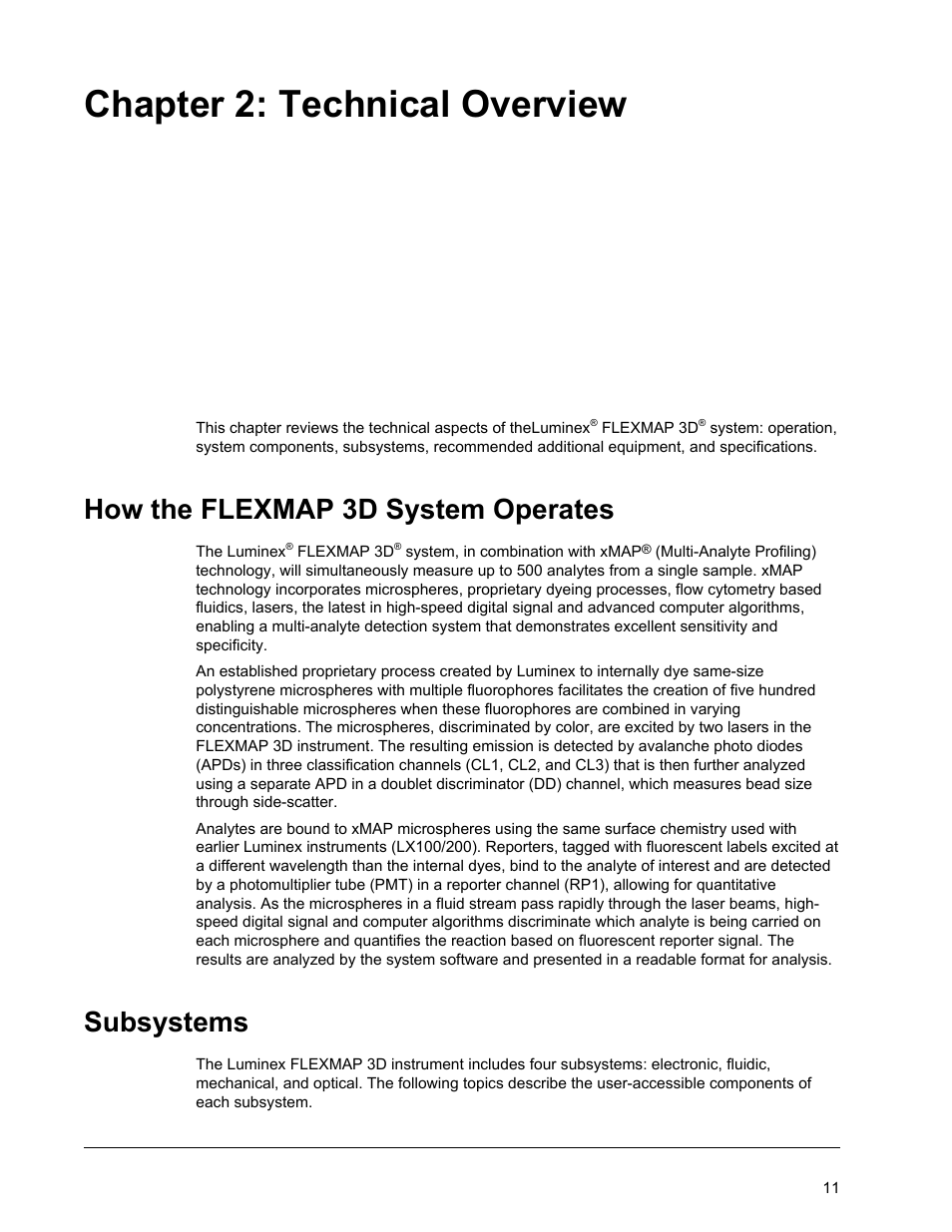 Technical overview, How the flexmap 3d system operates, Subsystems | Chapter 2 technical overview, How the flexmap 3d system operates subsystems, Chapter 2: technical overview | Luminex FLEXMAP 3D Hardware User Manual User Manual | Page 22 / 72