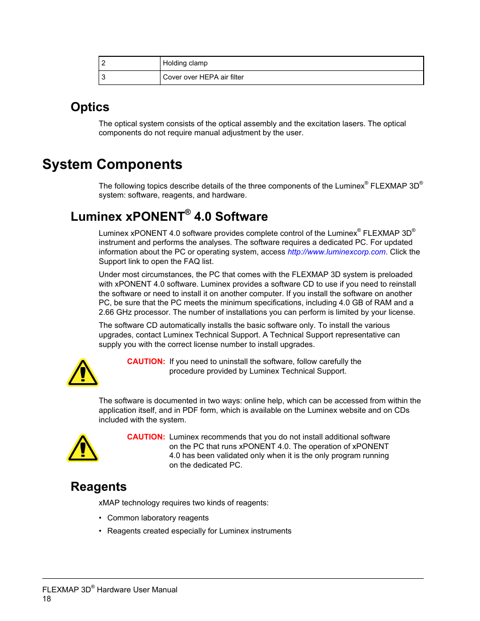 Optics, System components, Luminex xponent® 4.0 software | Reagents, Luminex xponent, 0 software | Luminex FLEXMAP 3D Hardware User Manual User Manual | Page 29 / 72