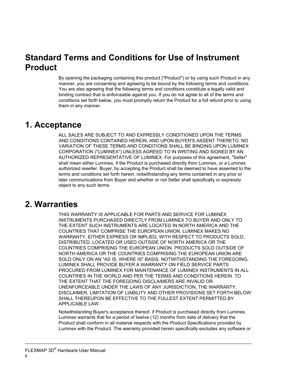 Acceptance, Warranties | Luminex FLEXMAP 3D Hardware User Manual User Manual | Page 3 / 72