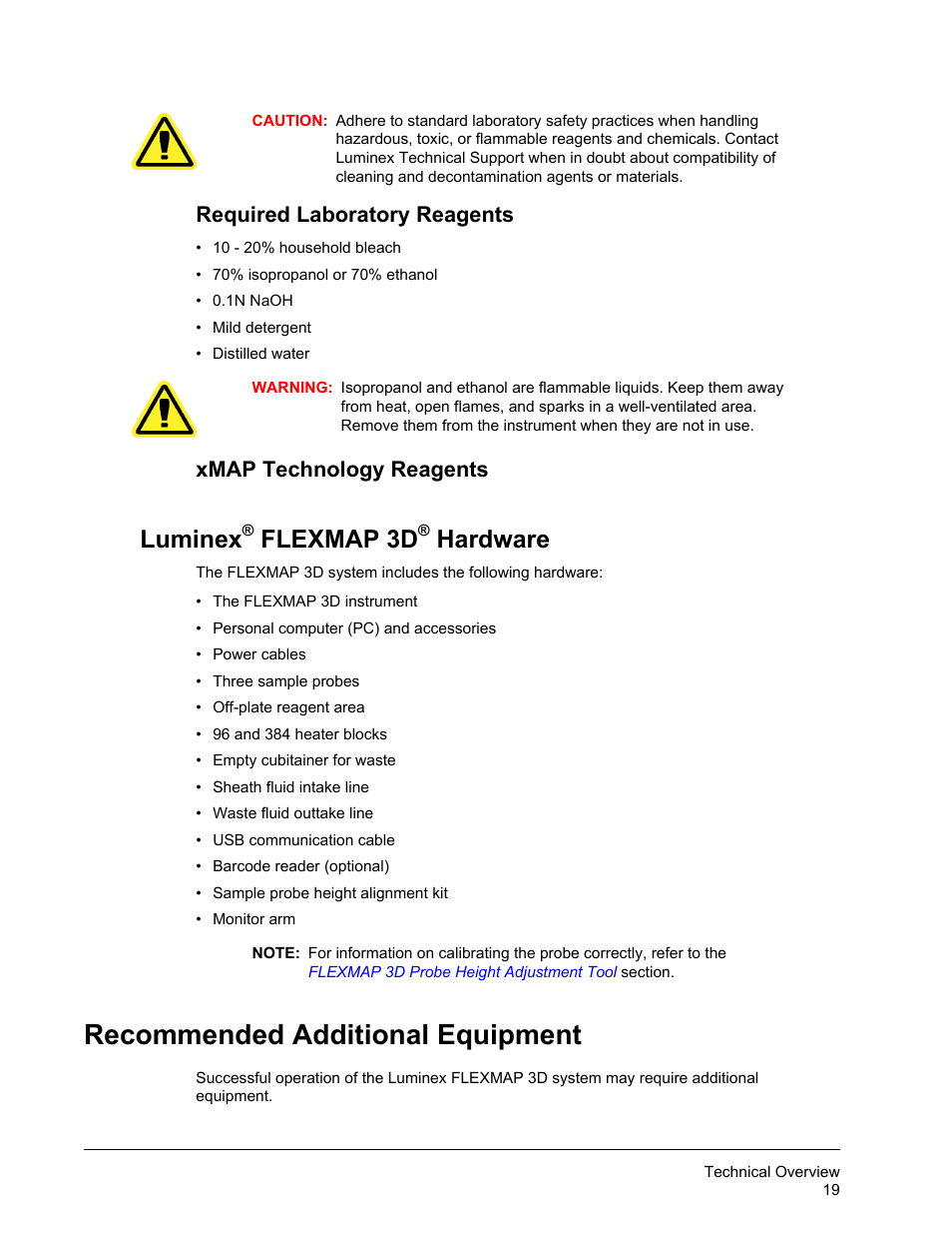 Required laboratory reagents, Xmap technology reagents, Luminex® flexmap 3d® hardware | Recommended additional equipment, Luminex, Flexmap 3d, Hardware | Luminex FLEXMAP 3D Hardware User Manual User Manual | Page 30 / 72