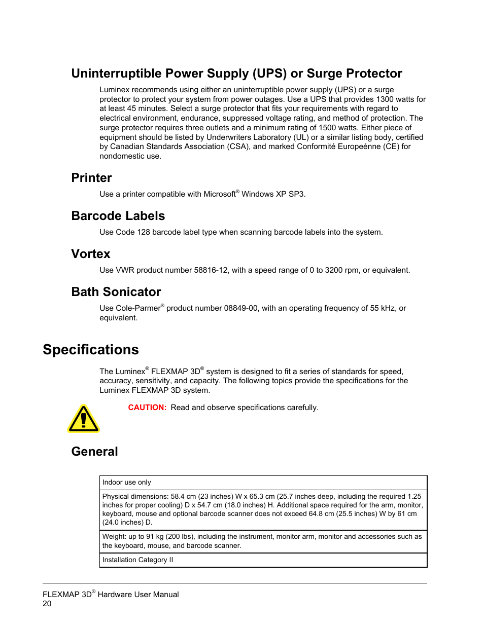 Printer, Barcode labels, Vortex | Bath sonicator, Specifications, General | Luminex FLEXMAP 3D Hardware User Manual User Manual | Page 31 / 72