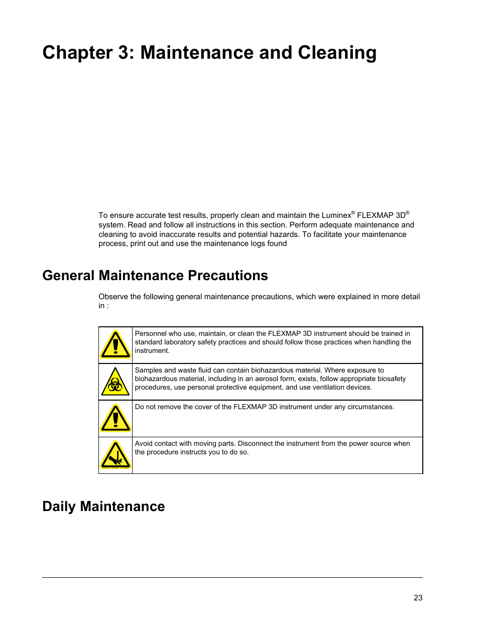 Maintenance and cleaning, General maintenance precautions, Daily maintenance | Chapter 3 maintenance and cleaning, General maintenance precautions daily maintenance, Chapter 3: maintenance and cleaning | Luminex FLEXMAP 3D Hardware User Manual User Manual | Page 34 / 72