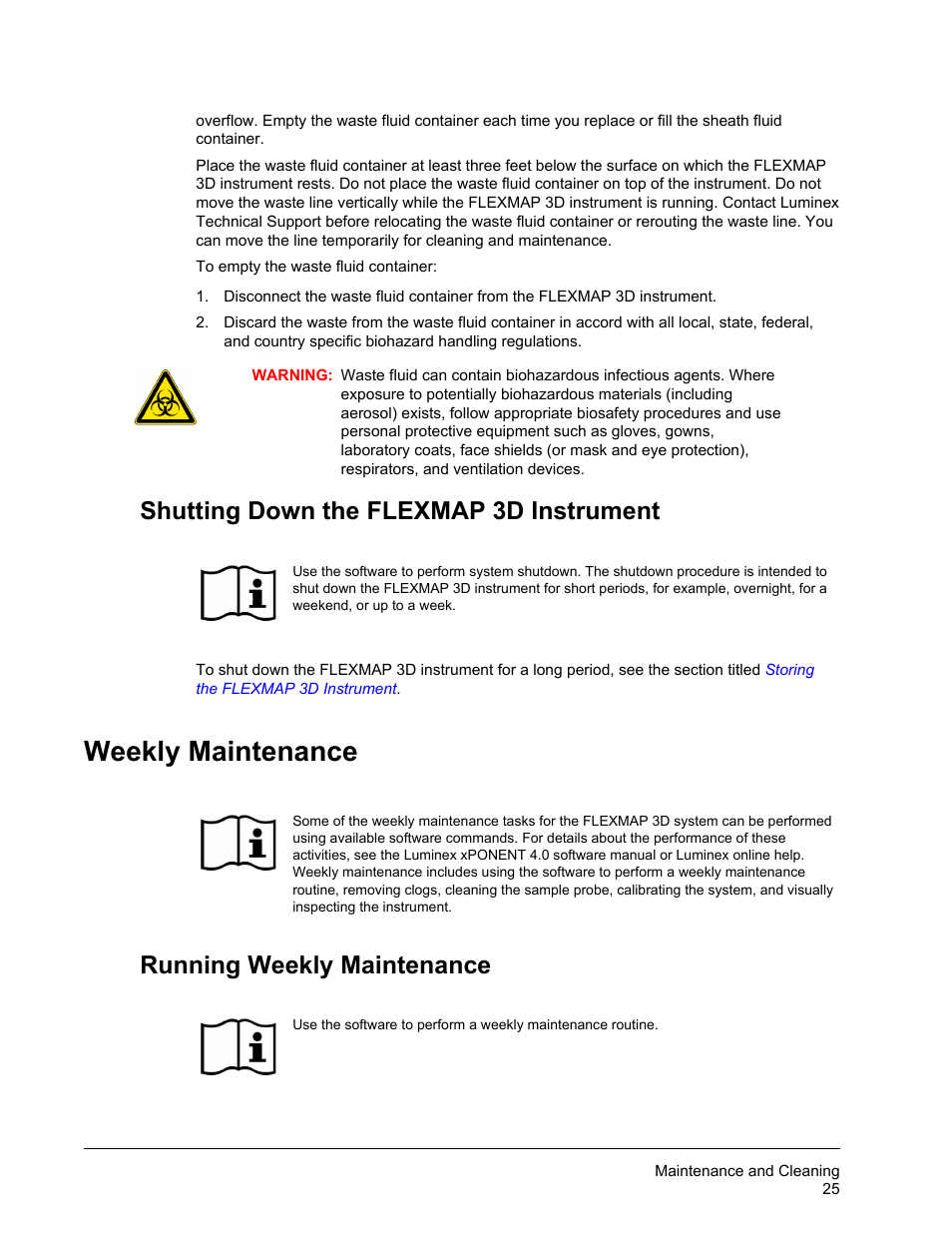 Shutting down the flexmap 3d instrument, Weekly maintenance, Running weekly maintenance | Luminex FLEXMAP 3D Hardware User Manual User Manual | Page 36 / 72