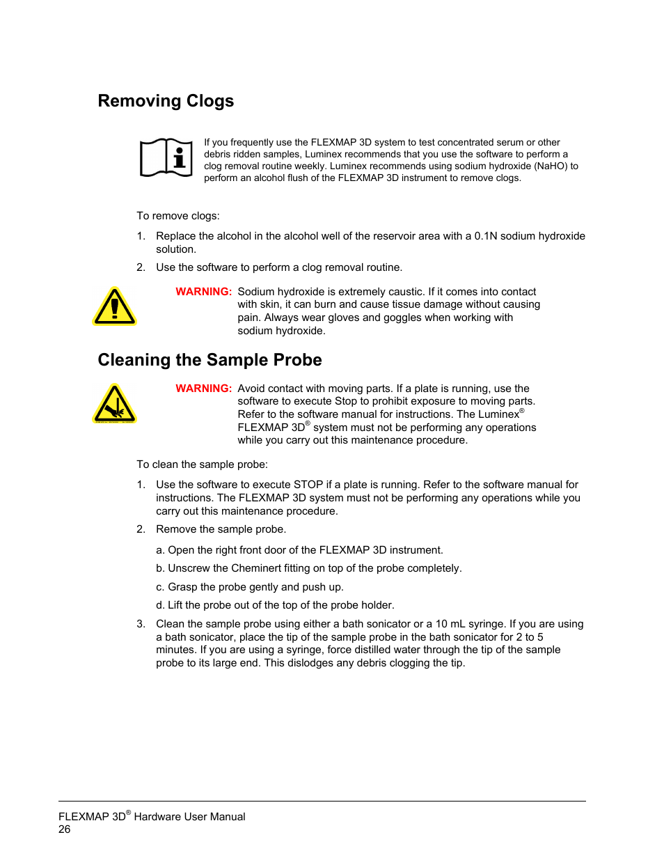 Removing clogs, Cleaning the sample probe, Removing clogs cleaning the sample probe | Luminex FLEXMAP 3D Hardware User Manual User Manual | Page 37 / 72