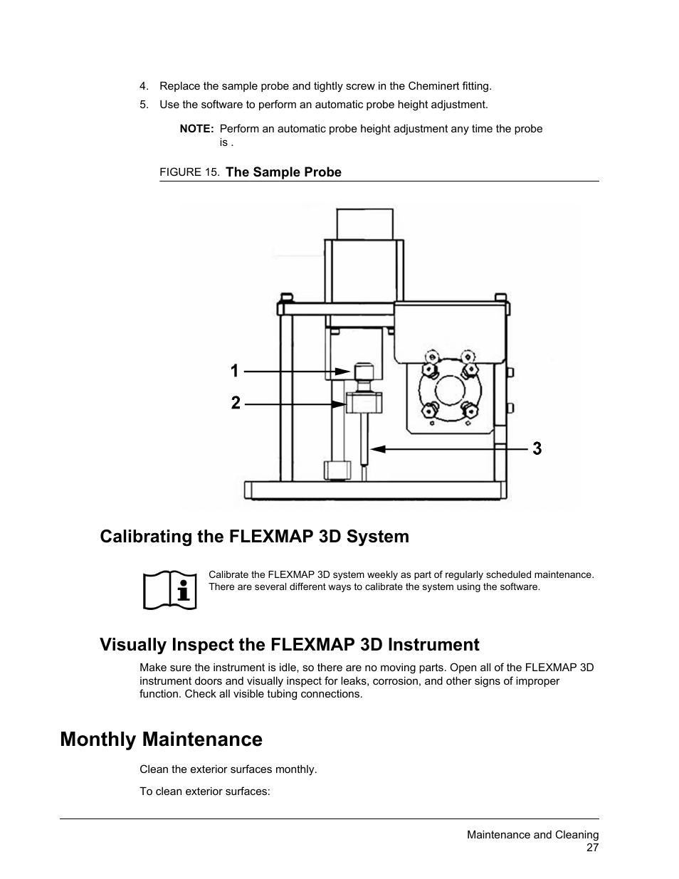 Calibrating the flexmap 3d system, Visually inspect the flexmap 3d instrument, Monthly maintenance | Luminex FLEXMAP 3D Hardware User Manual User Manual | Page 38 / 72