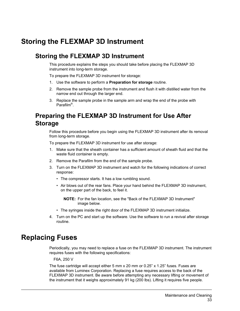 Storing the flexmap 3d instrument, Replacing fuses | Luminex FLEXMAP 3D Hardware User Manual User Manual | Page 44 / 72