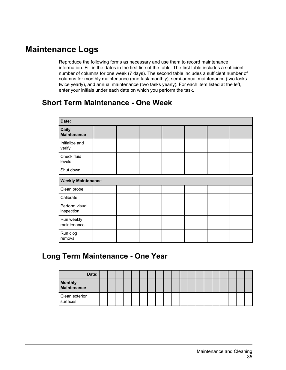 Maintenance logs, Short term maintenance - one week, Long term maintenance - one year | Luminex FLEXMAP 3D Hardware User Manual User Manual | Page 46 / 72