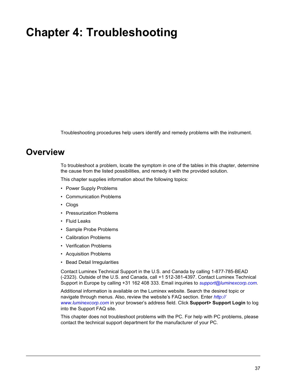 Troubleshooting, Overview, Chapter 4 troubleshooting | Chapter 4: troubleshooting | Luminex FLEXMAP 3D Hardware User Manual User Manual | Page 48 / 72