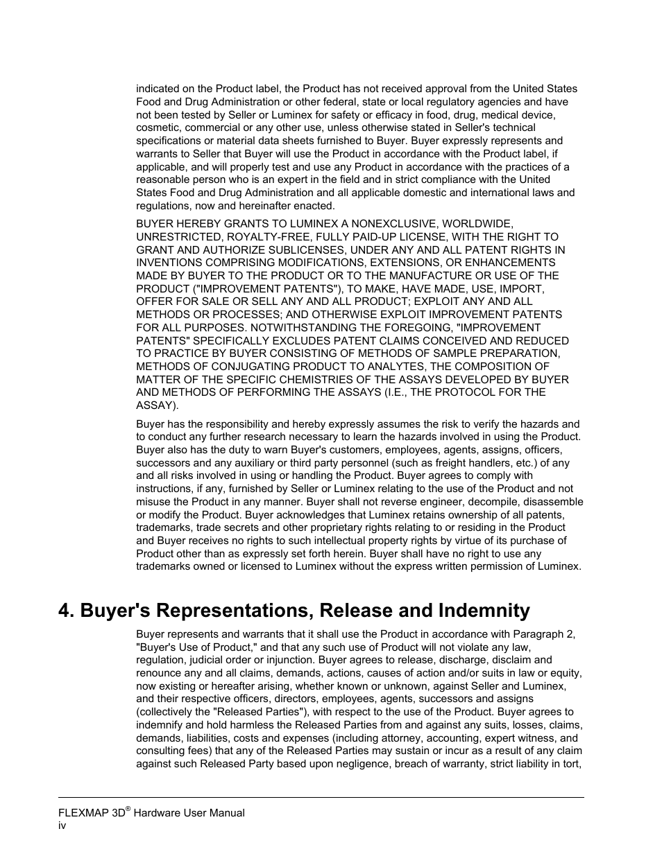 Buyer's representations, release and indemnity | Luminex FLEXMAP 3D Hardware User Manual User Manual | Page 5 / 72