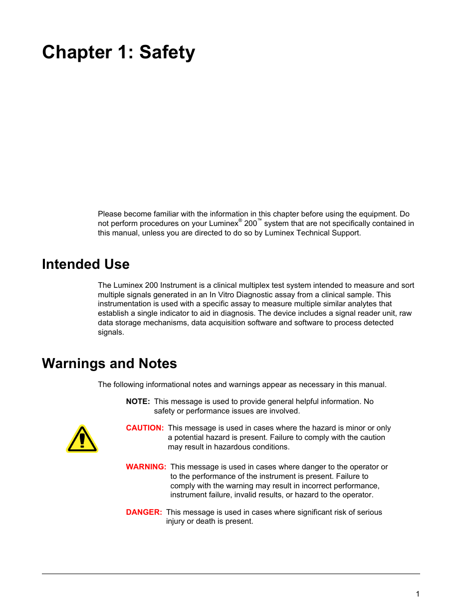 Safety, Intended use, Warnings and notes | Chapter 1 safety, Intended use warnings and notes, Chapter 1: safety | Luminex 200 System User Manual User Manual | Page 13 / 63