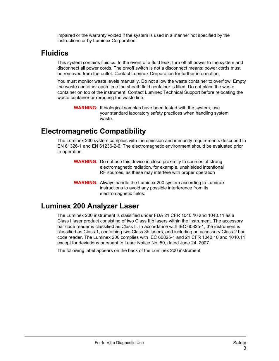 Fluidics, Electromagnetic compatibility, Luminex 200 analyzer laser | Luminex 200 System User Manual User Manual | Page 15 / 63
