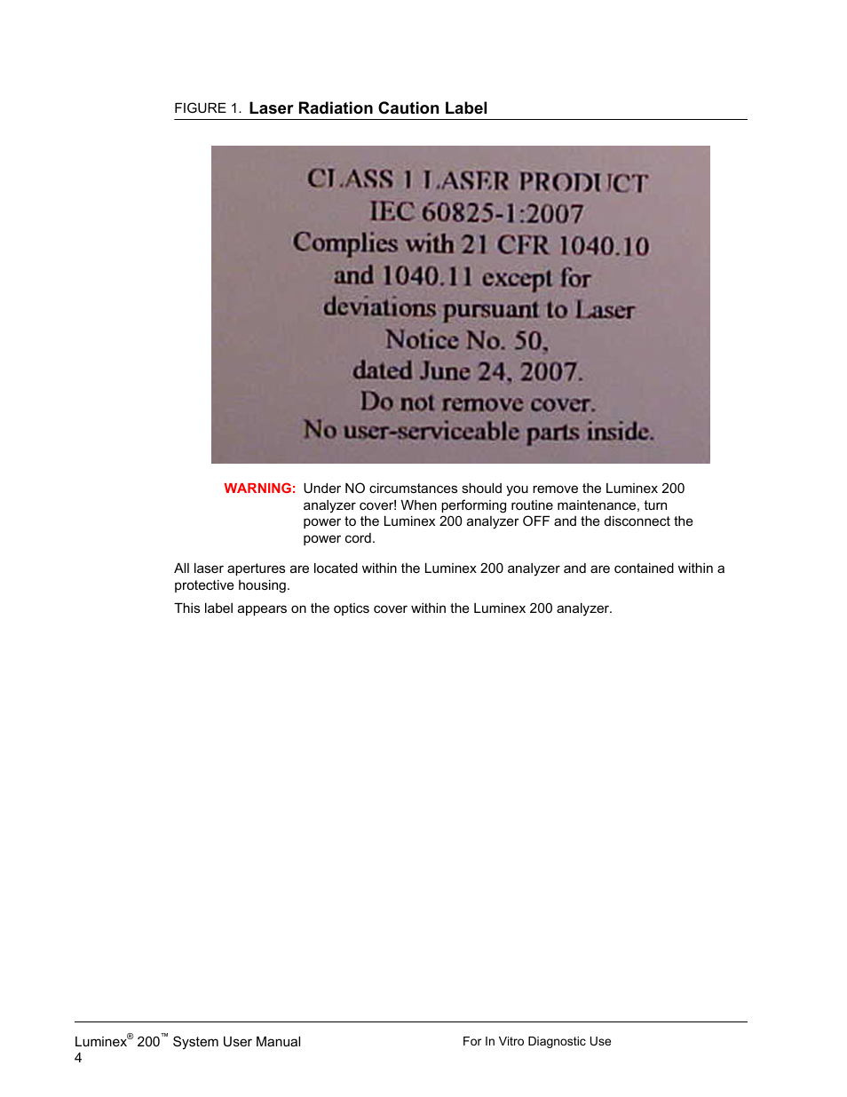 Laser radiation caution label | Luminex 200 System User Manual User Manual | Page 16 / 63