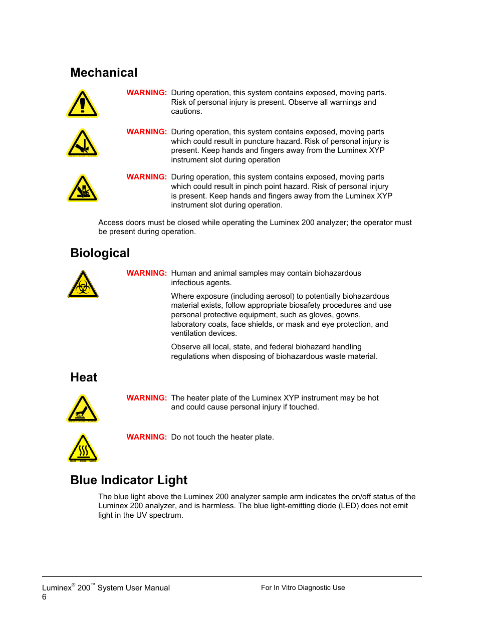 Mechanical, Biological, Heat | Blue indicator light, Mechanical biological heat blue indicator light | Luminex 200 System User Manual User Manual | Page 18 / 63