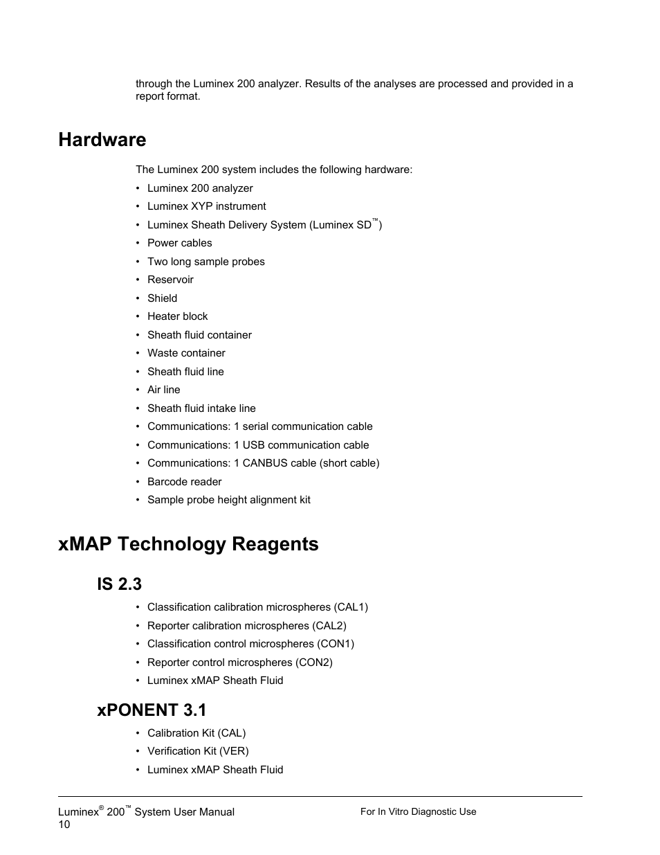 Hardware, Xmap technology reagents, Hardware xmap technology reagents | Is 2.3, Xponent 3.1 | Luminex 200 System User Manual User Manual | Page 22 / 63