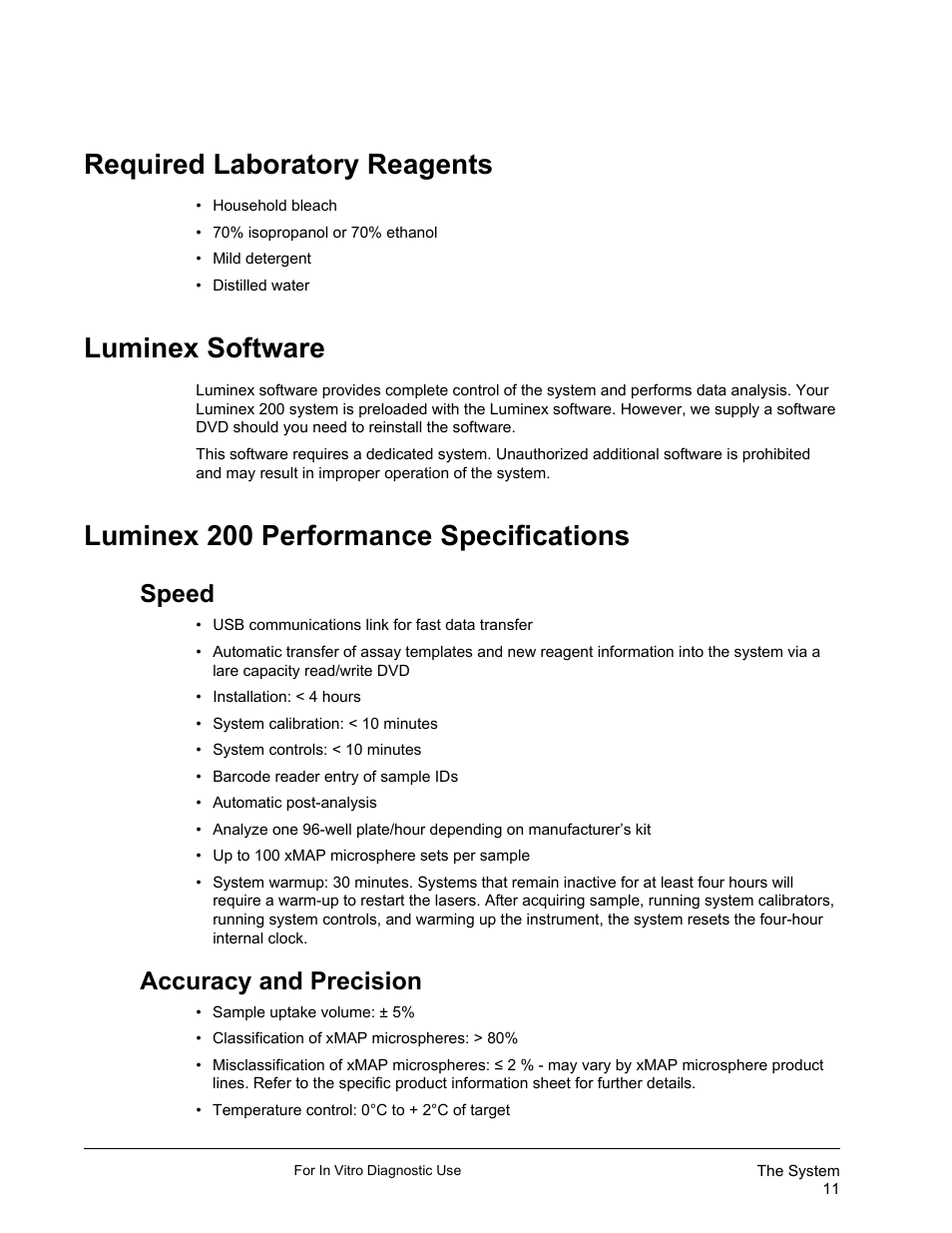 Required laboratory reagents, Luminex software, Luminex 200 performance specifications | Speed, Accuracy and precision, Speed accuracy and precision | Luminex 200 System User Manual User Manual | Page 23 / 63