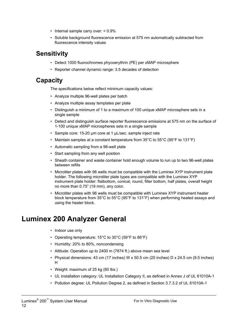 Sensitivity, Capacity, Luminex 200 analyzer general | Sensitivity capacity | Luminex 200 System User Manual User Manual | Page 24 / 63