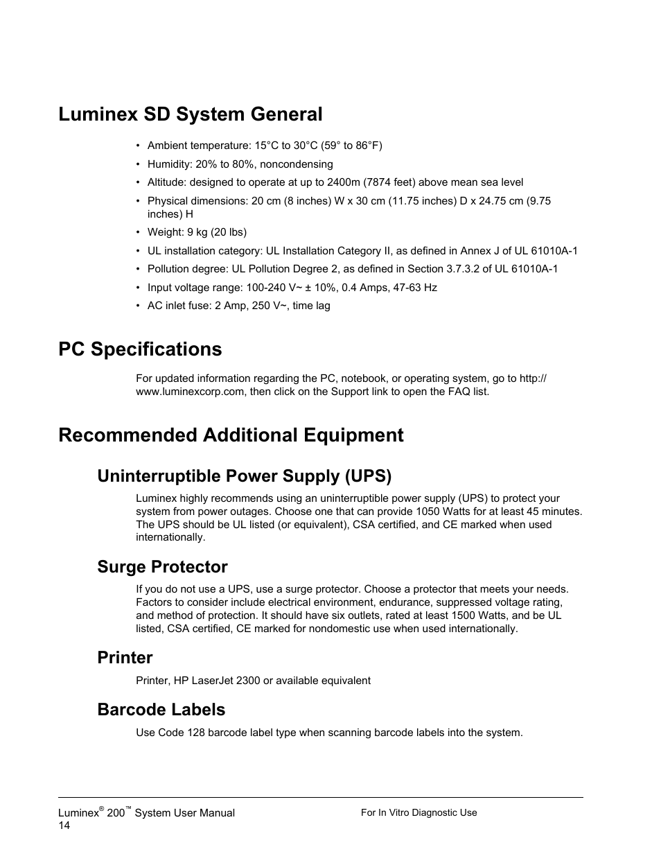Luminex sd system general, Pc specifications, Recommended additional equipment | Uninterruptible power supply (ups), Surge protector, Printer, Barcode labels | Luminex 200 System User Manual User Manual | Page 26 / 63