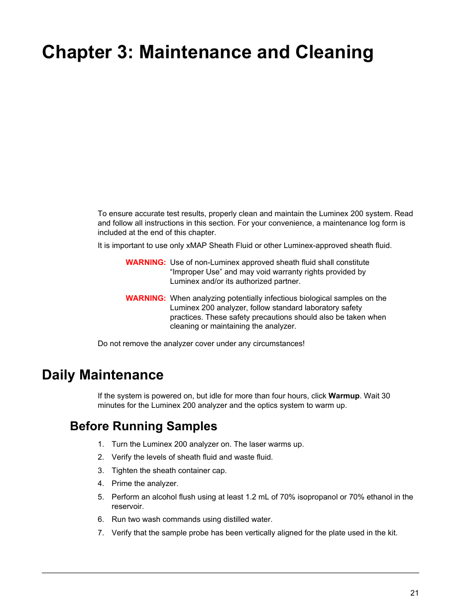 Maintenance and cleaning, Daily maintenance, Before running samples | Chapter 3 maintenance and cleaning, Chapter 3: maintenance and cleaning | Luminex 200 System User Manual User Manual | Page 33 / 63