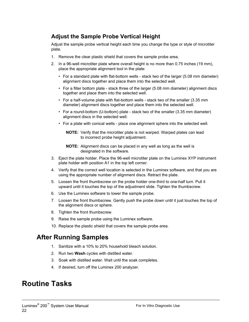 Adjust the sample probe vertical height, After running samples, Routine tasks | Luminex 200 System User Manual User Manual | Page 34 / 63