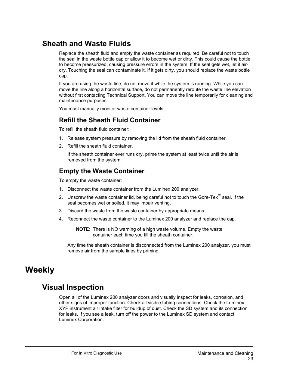 Sheath and waste fluids, Refill the sheath fluid container, Empty the waste container | Weekly, Visual inspection | Luminex 200 System User Manual User Manual | Page 35 / 63