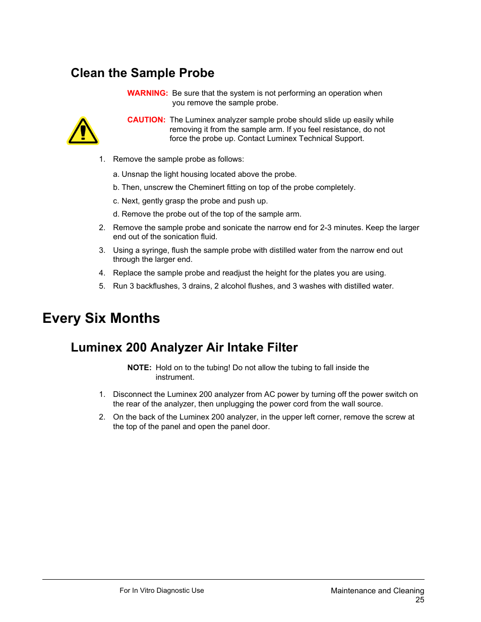 Clean the sample probe, Every six months, Luminex 200 analyzer air intake filter | Luminex 200 System User Manual User Manual | Page 37 / 63