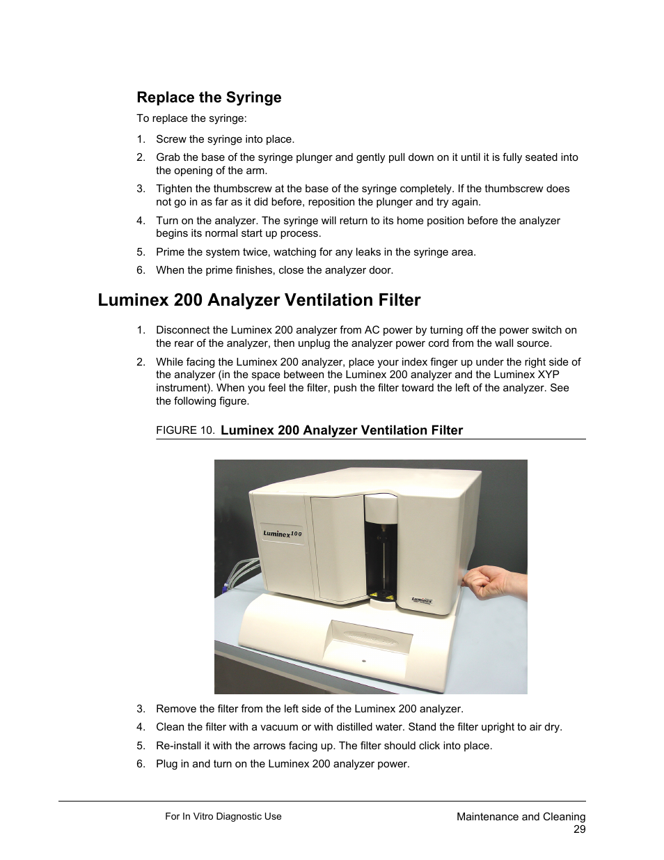 Replace the syringe, Luminex 200 analyzer ventilation filter | Luminex 200 System User Manual User Manual | Page 41 / 63