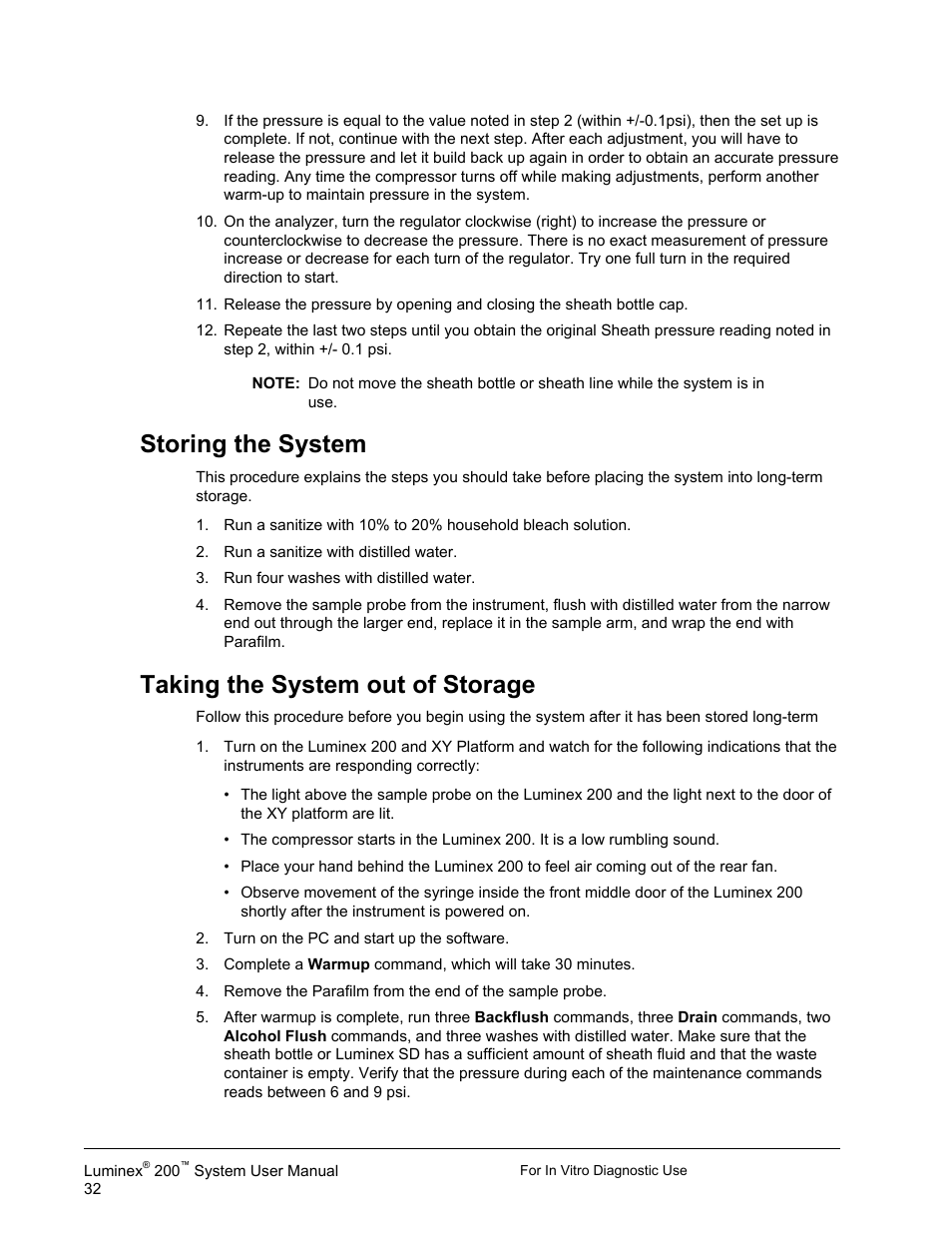 Storing the system, Taking the system out of storage | Luminex 200 System User Manual User Manual | Page 44 / 63