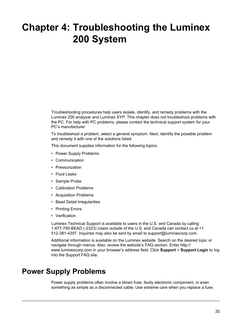 Troubleshooting the luminex 200 system, Power supply problems, Chapter 4 troubleshooting the luminex 200 system | Chapter 4: troubleshooting the luminex 200 system | Luminex 200 System User Manual User Manual | Page 47 / 63