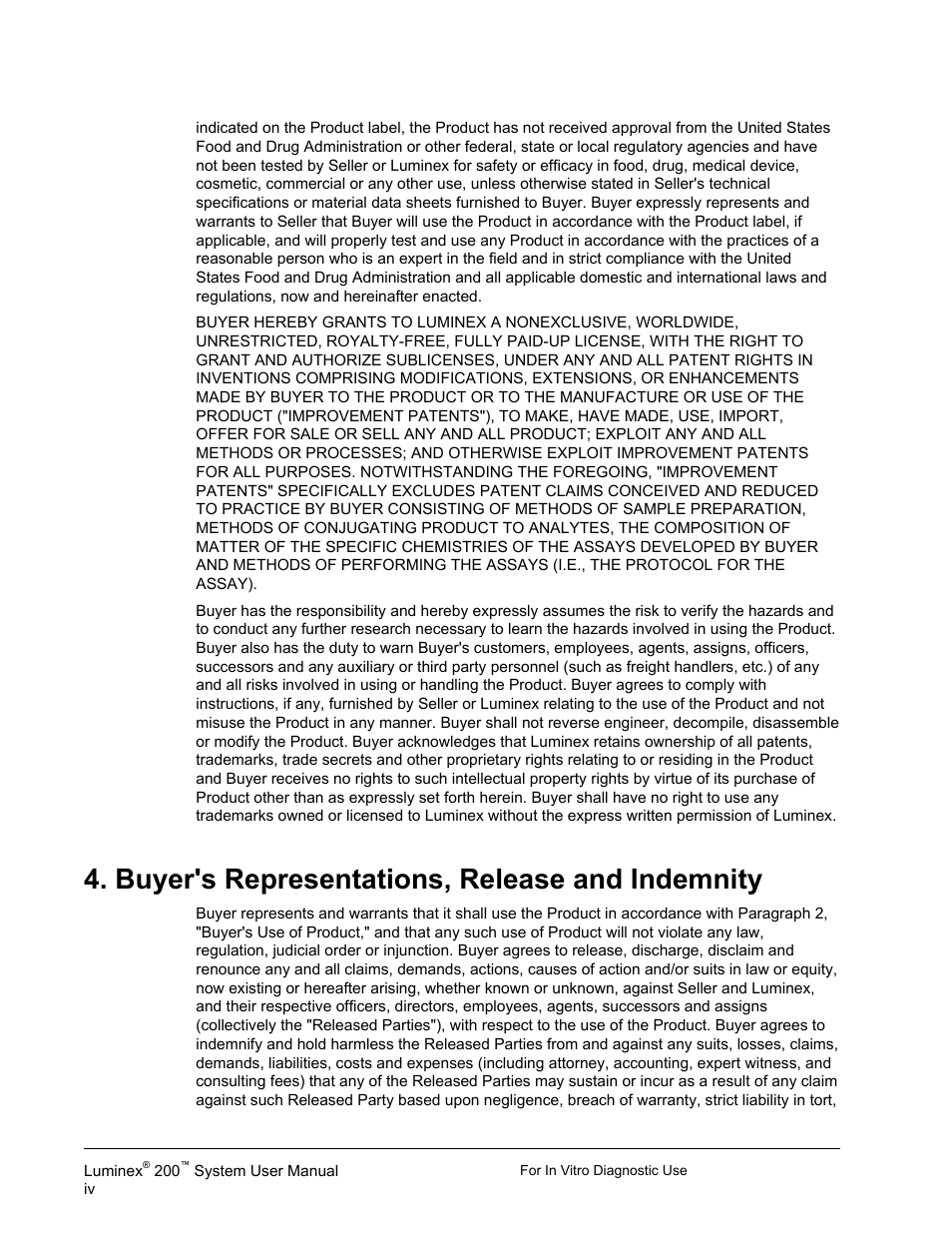 Buyer's representations, release and indemnity | Luminex 200 System User Manual User Manual | Page 6 / 63
