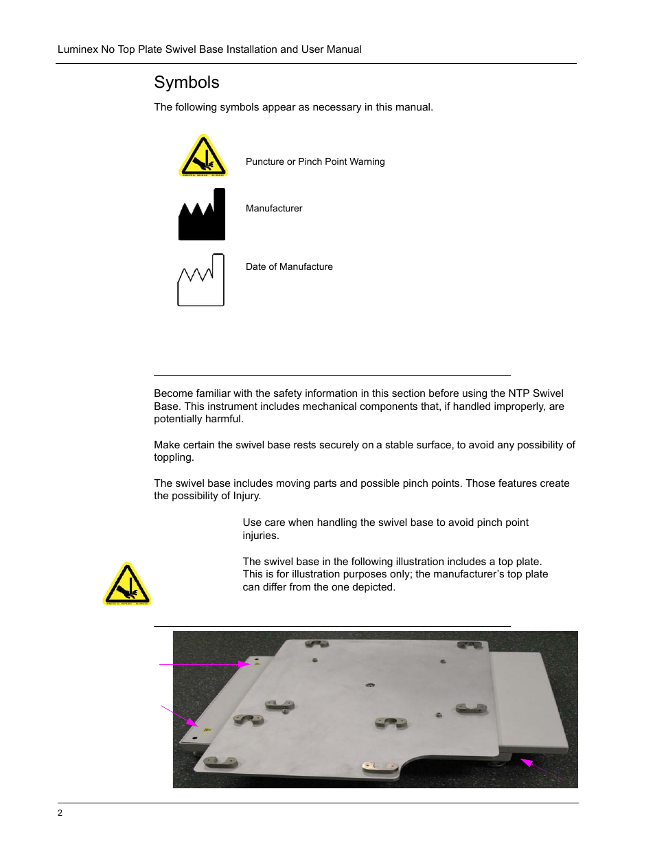 Safety practices, Symbols | Luminex No Top Plate (NTP) Swivel Base Installation and User Manual User Manual | Page 12 / 18