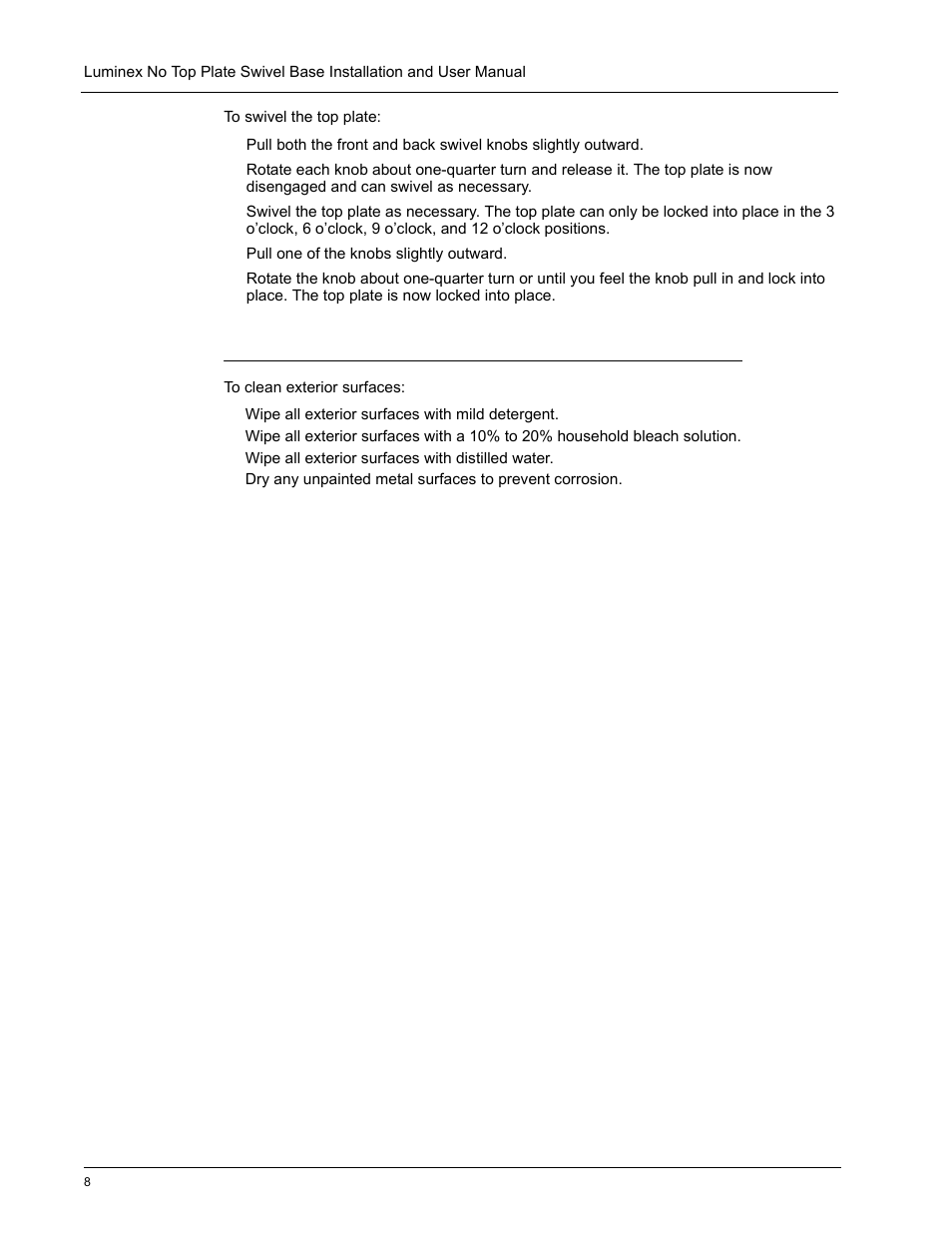 Cleaning | Luminex No Top Plate (NTP) Swivel Base Installation and User Manual User Manual | Page 18 / 18