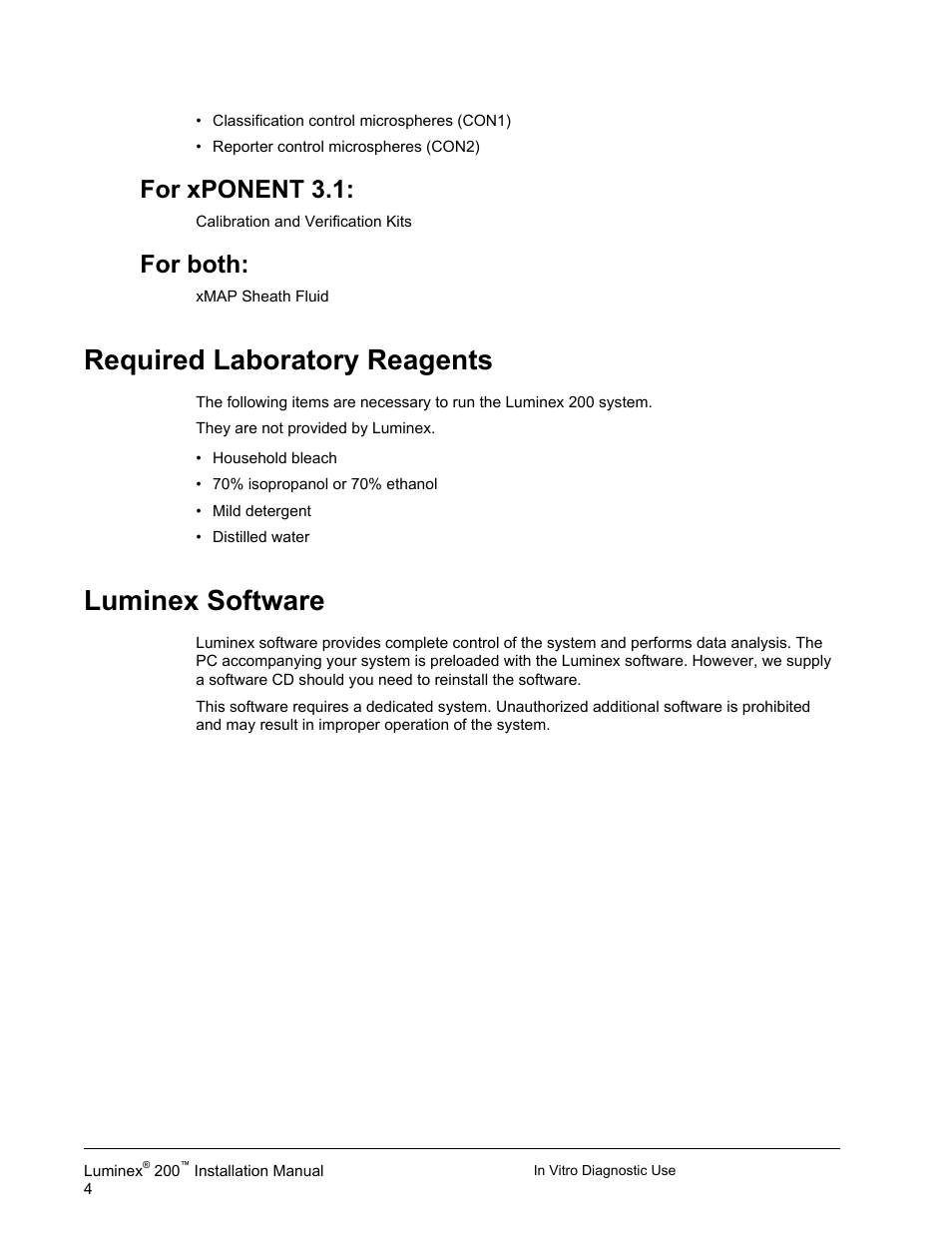 Required laboratory reagents, Luminex software, Required laboratory reagents luminex software | For xponent 3.1, For both | Luminex 200 Installation Guide User Manual | Page 15 / 52