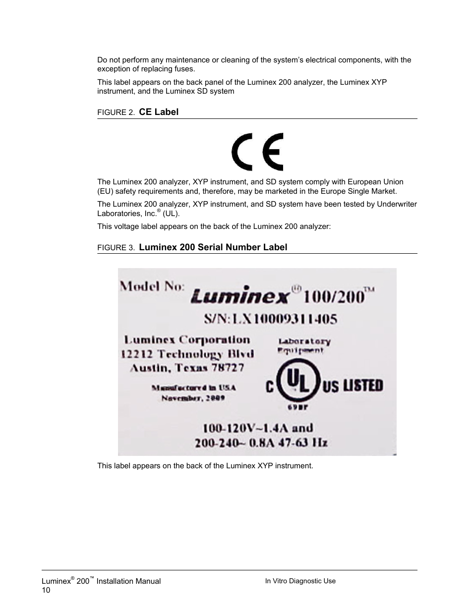 Ce label, Luminex 200 serial number label | Luminex 200 Installation Guide User Manual | Page 21 / 52