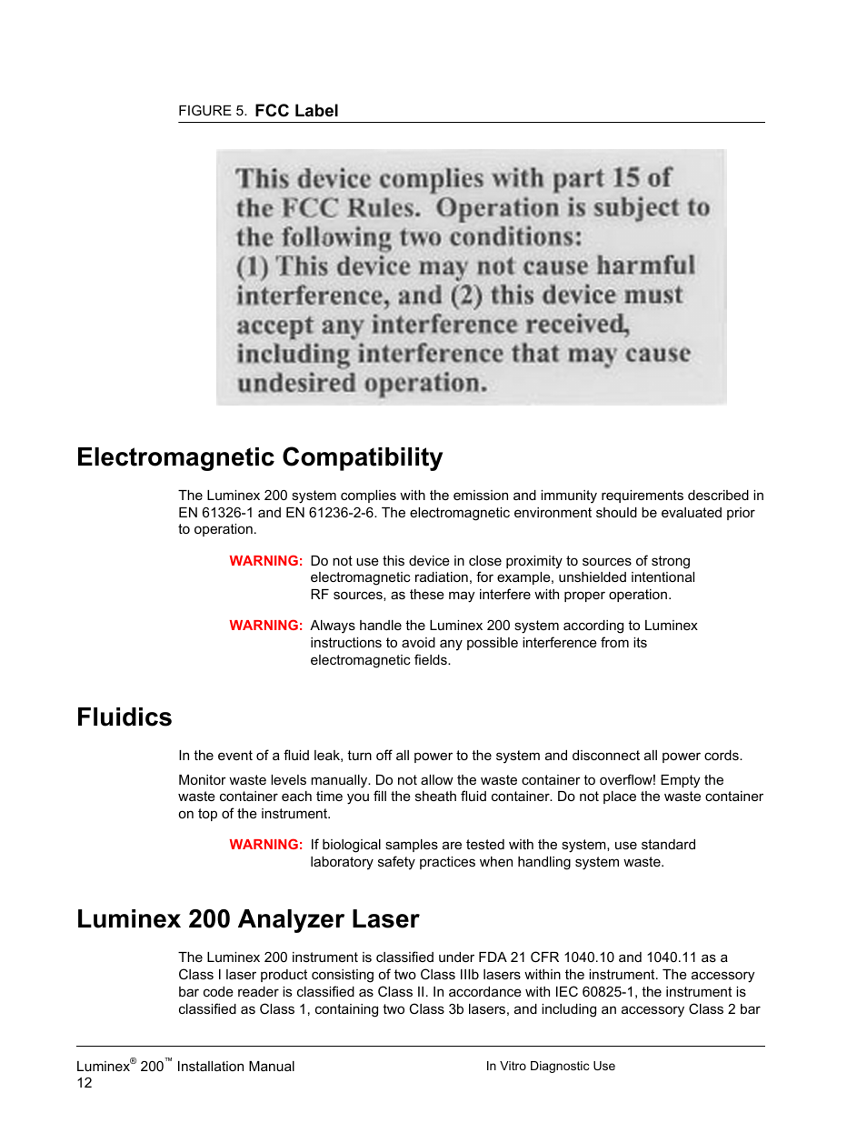 Electromagnetic compatibility, Fluidics, Luminex 200 analyzer laser | Luminex 200 Installation Guide User Manual | Page 23 / 52