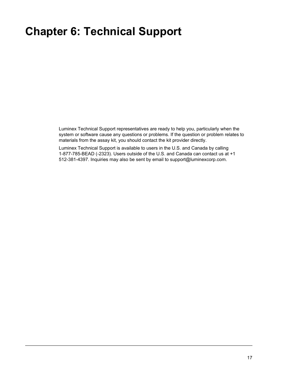 Technical support, Chapter 6 technical support, Chapter 6: technical support | Luminex 200 Installation Guide User Manual | Page 28 / 52