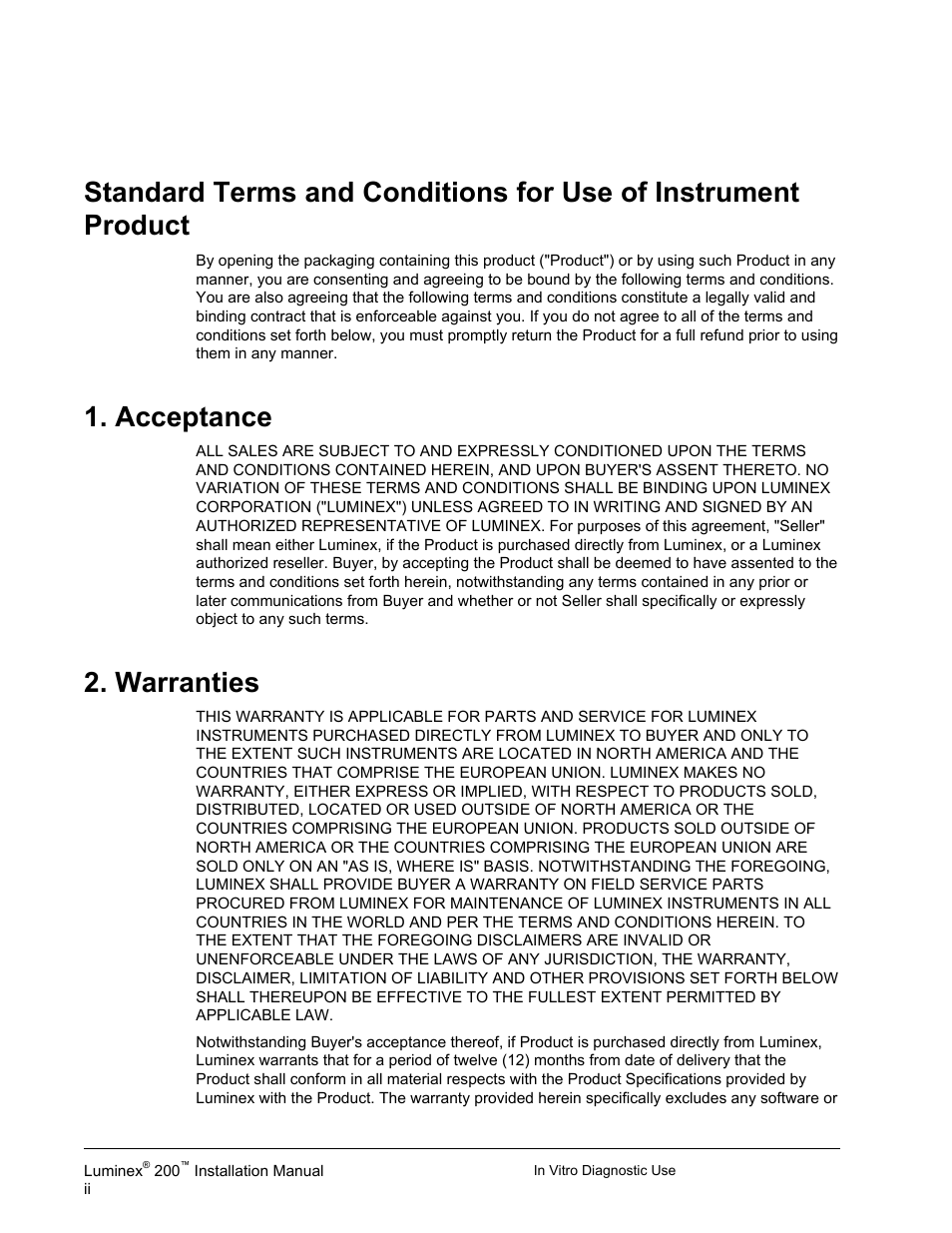 Acceptance, Warranties | Luminex 200 Installation Guide User Manual | Page 3 / 52