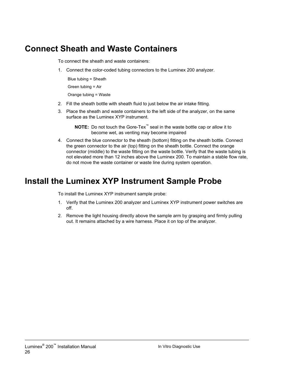 Connect sheath and waste containers, Install the luminex xyp instrument sample probe | Luminex 200 Installation Guide User Manual | Page 37 / 52