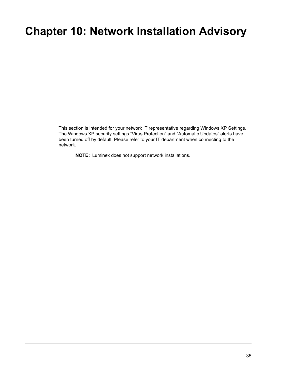 Network installation advisory, Chapter 10 network installation advisory, Chapter 10: network installation advisory | Luminex 200 Installation Guide User Manual | Page 46 / 52