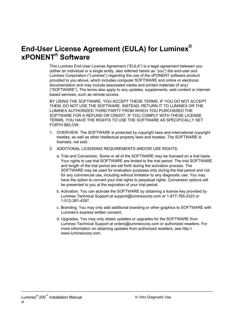 End-user license agreement (eula) for luminex, Xponent, Software | Luminex 200 Installation Guide User Manual | Page 7 / 52