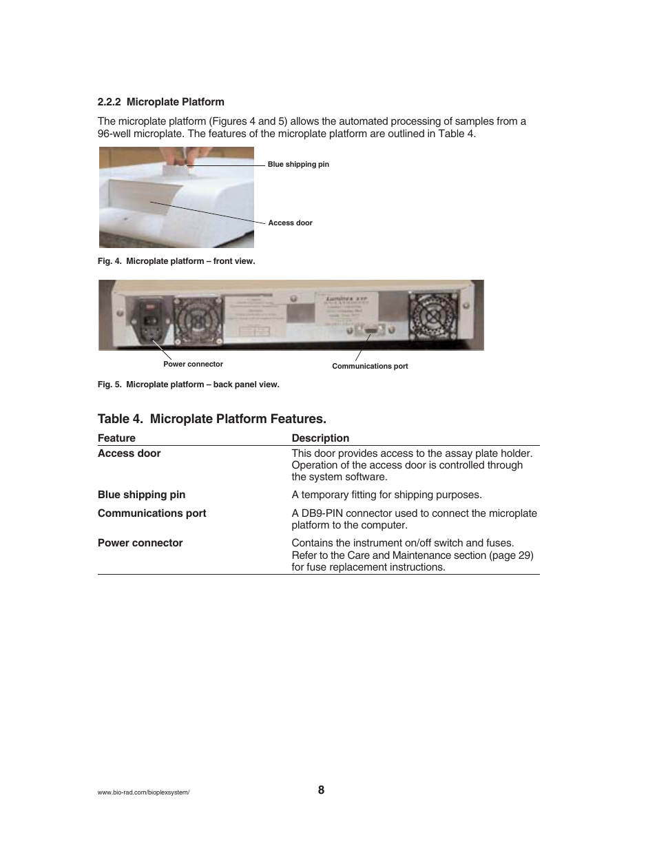 Table 4. microplate platform features | Luminex BioPlex XYP, LX200 User Manual (supplied by BioRad) User Manual | Page 14 / 51