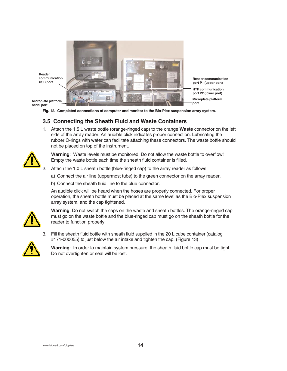 5 connecting the sheath fluid and waste containers | Luminex BioPlex XYP, LX200 User Manual (supplied by BioRad) User Manual | Page 20 / 51