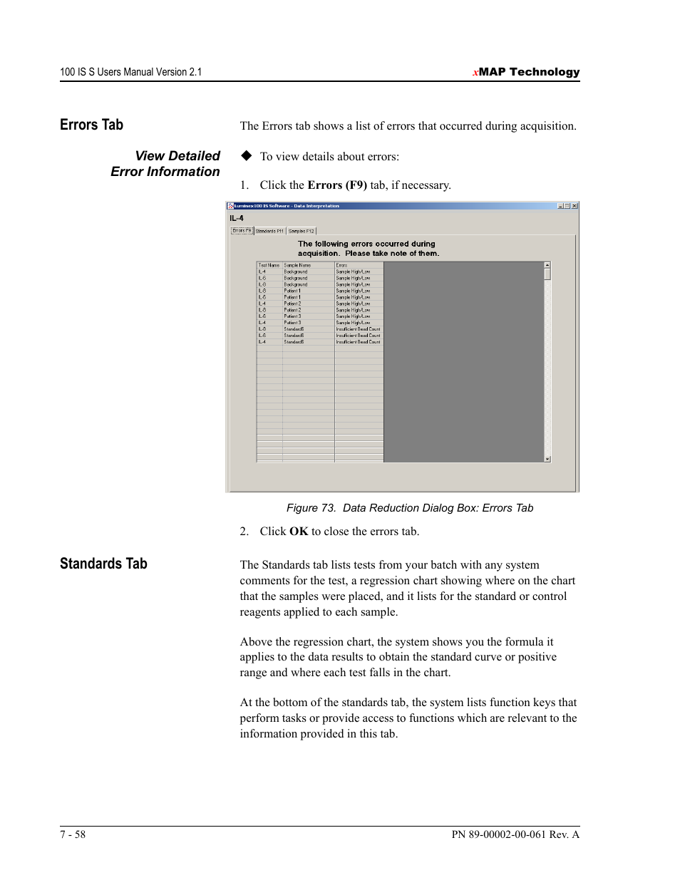 Errors tab, Standards tab | Luminex 100 IS User Manual, Version 2.1 User Manual | Page 118 / 184