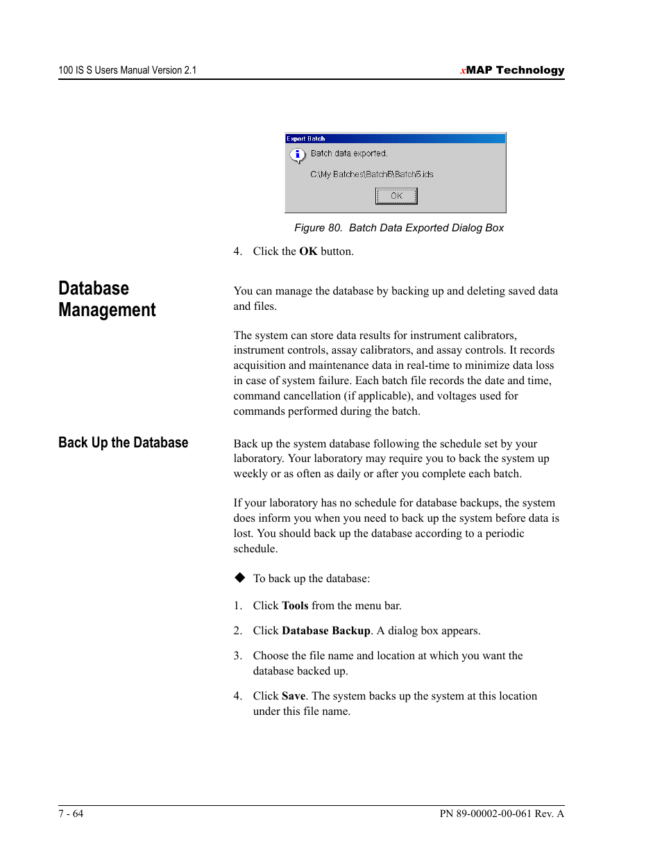 Database management | Luminex 100 IS User Manual, Version 2.1 User Manual | Page 124 / 184