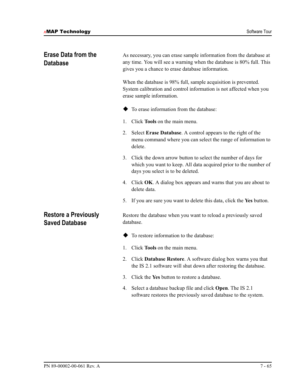 Erase data from the database, Restore a previously saved database | Luminex 100 IS User Manual, Version 2.1 User Manual | Page 125 / 184